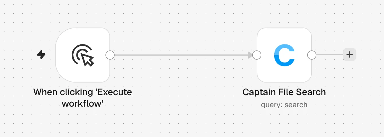 A workflow with a Manual Trigger connected to Captain File Search Search Collection
