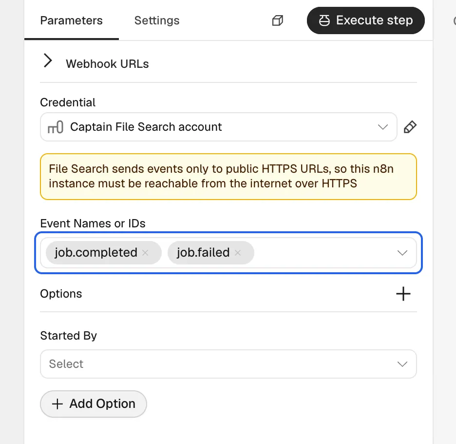 The Captain File Search Trigger node with job events selected