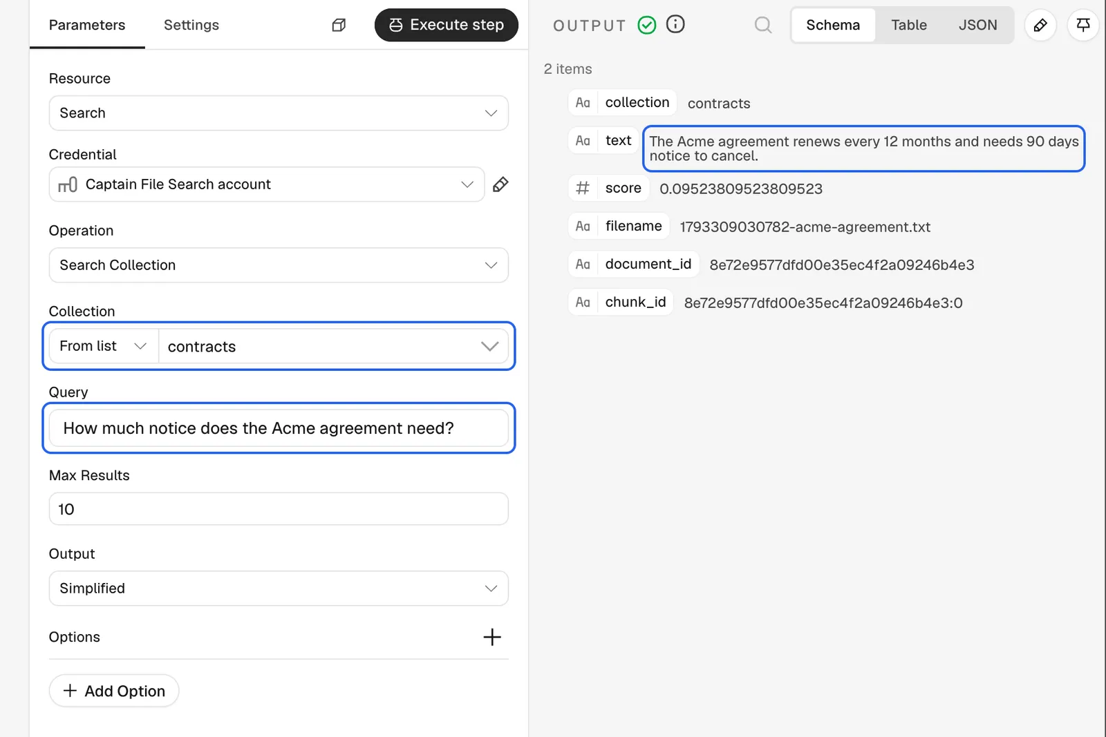 A Search Collection node with the contracts collection picked, a question under Query, and the matching passage in the output