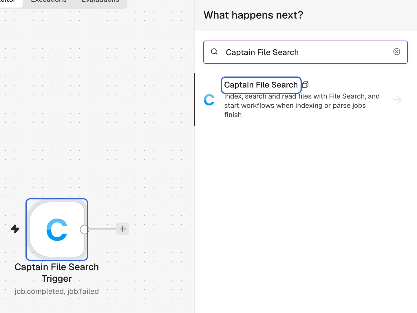 The nodes panel with the Captain File Search result highlighted, next to a Captain File Search Trigger on the canvas