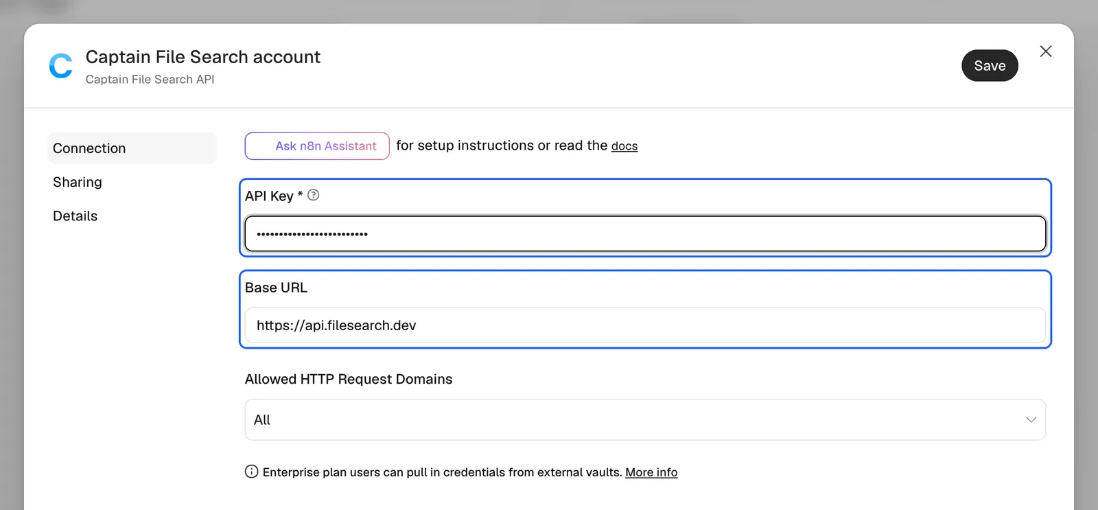 The Captain File Search API credential form